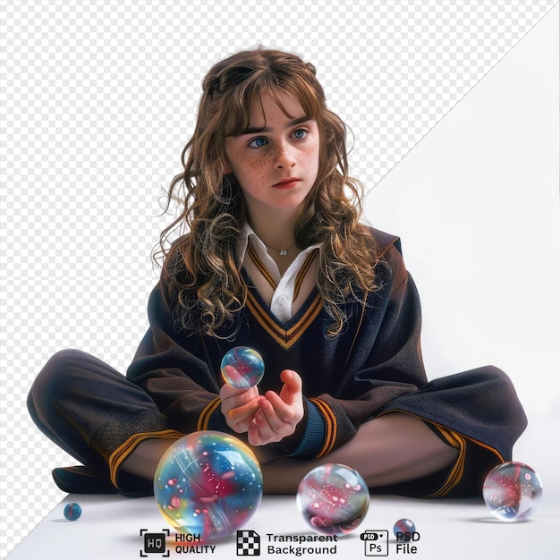 PSD premium of hermione granger from harry potter intelligent and resourceful outsmarting her enemies with her quick thinking and clever spells as she stands in front of a colorful ball and