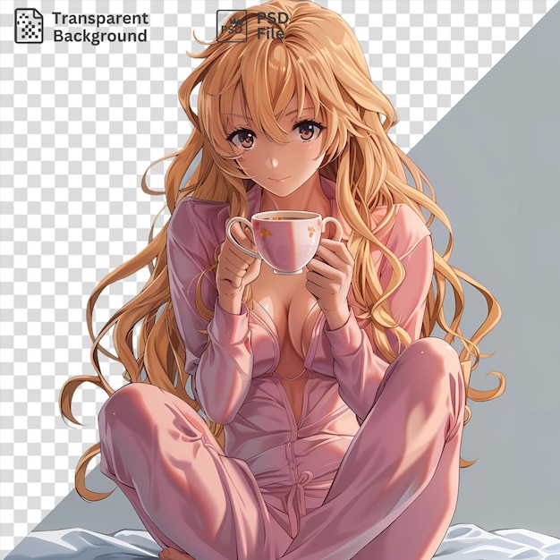 Premium-oshino shinobu aus der monogatari-serie hält eine tasse kaffee mit einem rosa bein und einer hand, die im vordergrund sichtbar sind, und langen, fließenden haaren im hintergrund