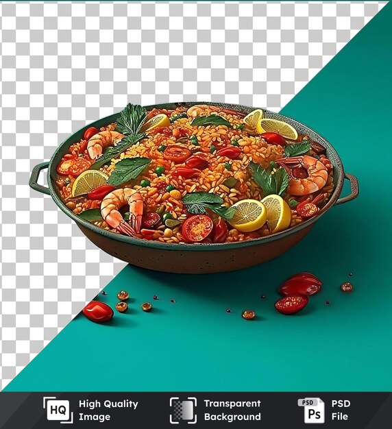 Premium de paella de mariscos con camarón limón y hoja verde servido en una mesa azul con un mango azul