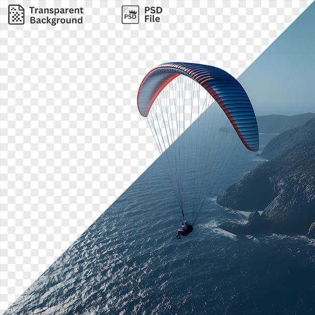 PSD premium de parapente 3d volando sobre la costa con cielo azul claro y agua