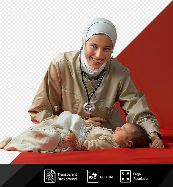 PSD premium d'un pédiatre souriant s'appuyant sur un nouveau-né effrayé avec un stéthoscope stérile dans sa main contre un mur rouge portant un bandeau blanc et avec des cheveux bruns courts tandis que png