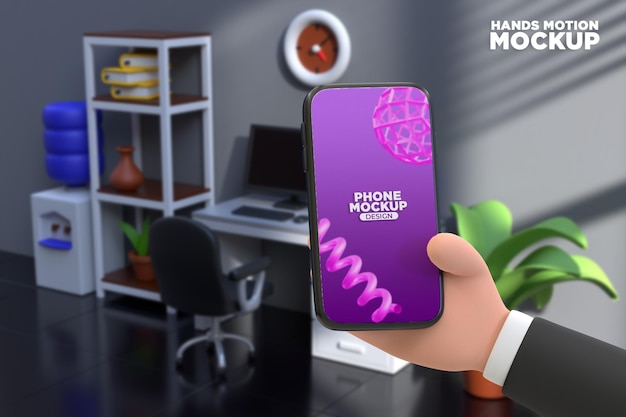 Premium Phone Mockup Business Cartoon Hand mit Smartphone mit Bürohintergrund