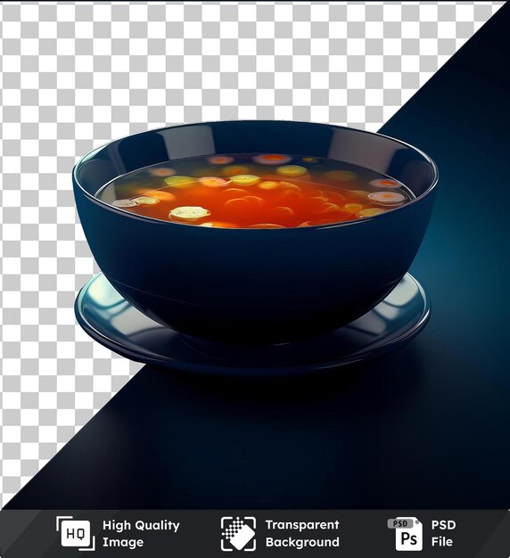 PSD premium de un plato de sopa en la mesa azul con reflejo brillante