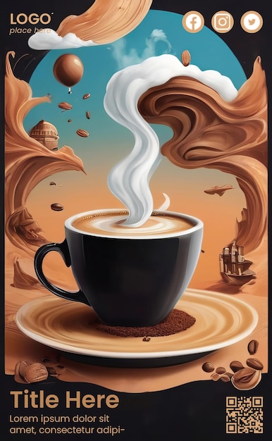 PSD premium-postervorlage mit surrealismus-kaffee-illustration