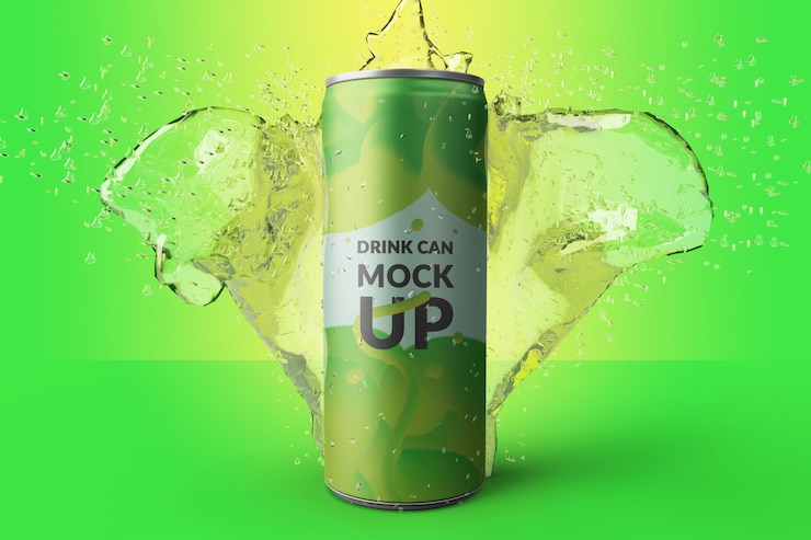 PSD premium qualtiy realistic long metal drink can con maqueta de salpicaduras de agua