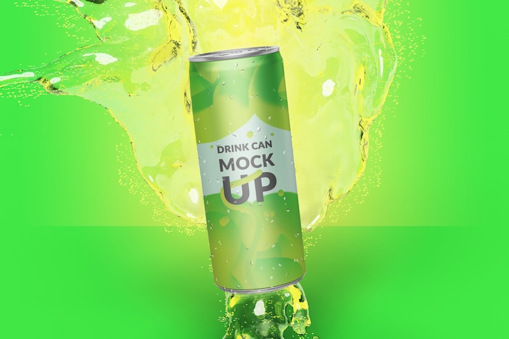 PSD premium qualtiy realistic long metal drink can con maqueta de salpicaduras de agua