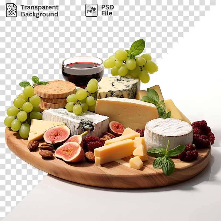 PSD premium de quesos, galletas y uvas dispuestas en una tabla de madera con un vaso de vino tinto acompañado de una hoja verde