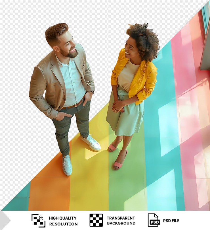 PSD premium de relaciones amistosas atractivo hombre caucásico y bonita mujer mulata gesticulando de pie charlando de buen humor en el pasillo de la oficina png