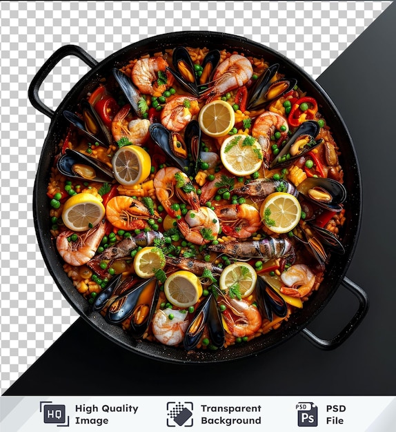 Premium-seafood-paella-mockup von hoher qualität mit garnelen, zitronen und schwarzem topf