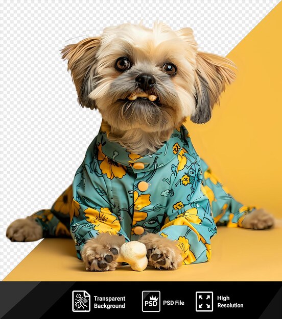 PSD premium de shih tzu acostado y comiendo un hueso con orejas flexibles ojos marrones y una nariz negra contra una pared amarilla con una pata blanca visible en primer plano png psd