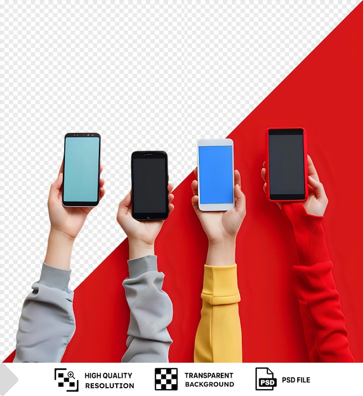 PSD premium smartphone mockups with hands on transparent background showcasing yellow sleeve and gray cuff design
