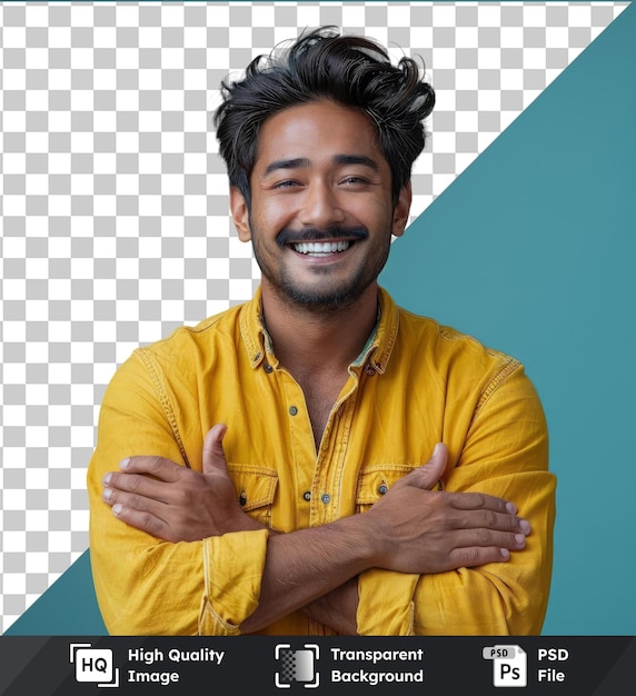 Premium sonriente positivo hombre indio con camisa amarilla con los dedos cruzados mientras está de pie aislado sobre la pared del estudio azul con cabello negro nariz grande y oreja pequeña visible