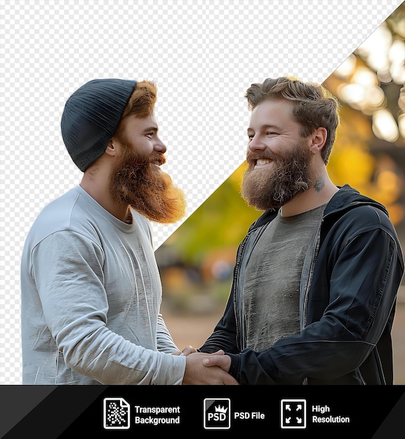 Premium de sonriente satisfecho en forma hombre rojo y su amigo caucásico barbudo estrechando la mano en un parque png psd