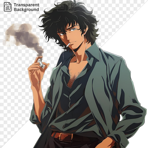 PSD premium de spike spiegel de cowboy bebop avec de la fumée sortant de sa bouche portant une ceinture brune et des cheveux noirs avec une main visible au premier plan