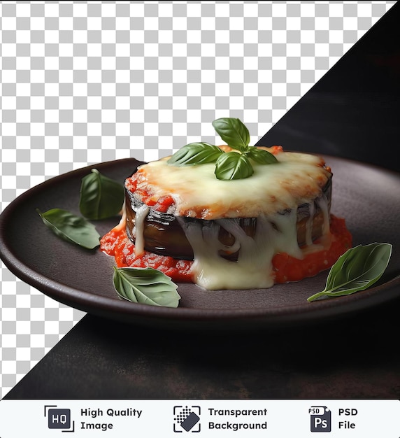 PSD premium transparent de parmigiana à l'aubergine aromatique sur une assiette noire