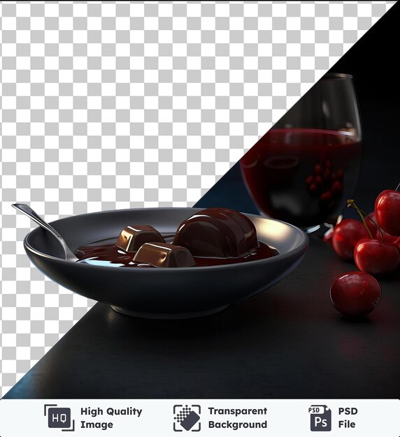 PSD premium transparente de fondue de chocolate delicioso servido em uma tigela branca com uma colher de prata acompanhado de um copo de vinho vermelho em uma mesa preta