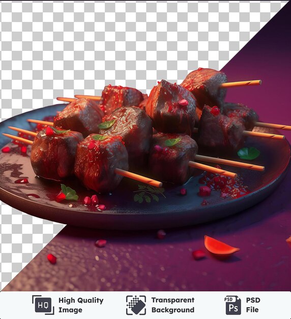 PSD premium transparente de kebabs de cordeiro suculentos em um prato azul acompanhado de pauzinhos de madeira e um doce vermelho em uma mesa roxa