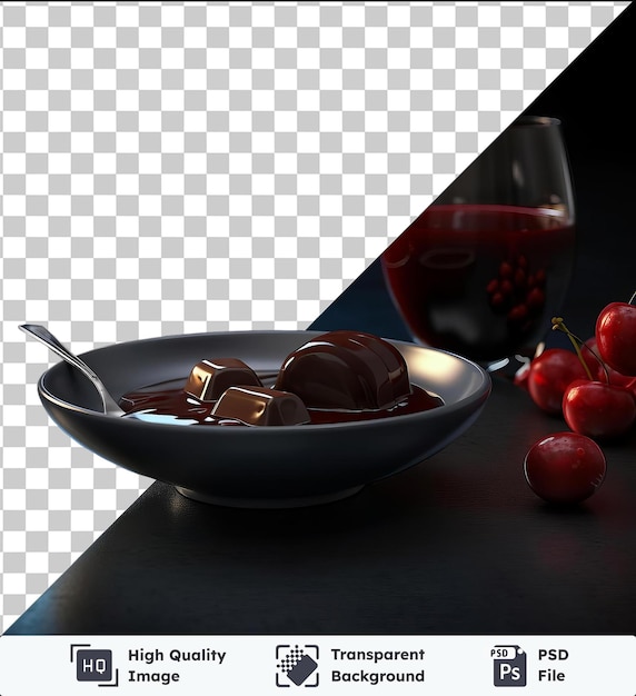 PSD premium transparente de deliciosa fondue de chocolate servida en un cuenco blanco con una cuchara de plata acompañada de un vaso de vino tinto en una mesa negra
