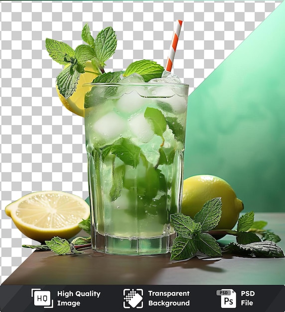 Premium transparente de refrescante mojito de menta servido en una mesa de madera con una paja roja adornada con un limón y una hoja verde contra un telón de fondo de pared verde