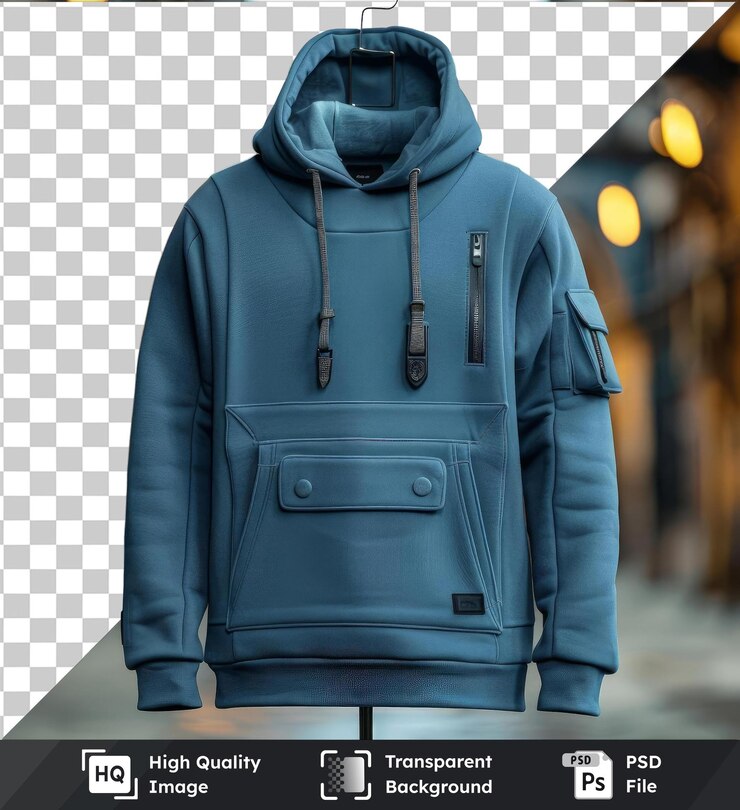 PSD premium de la vista frontal capturar una capucha azul materiales técnicos tela etiqueta material material material material