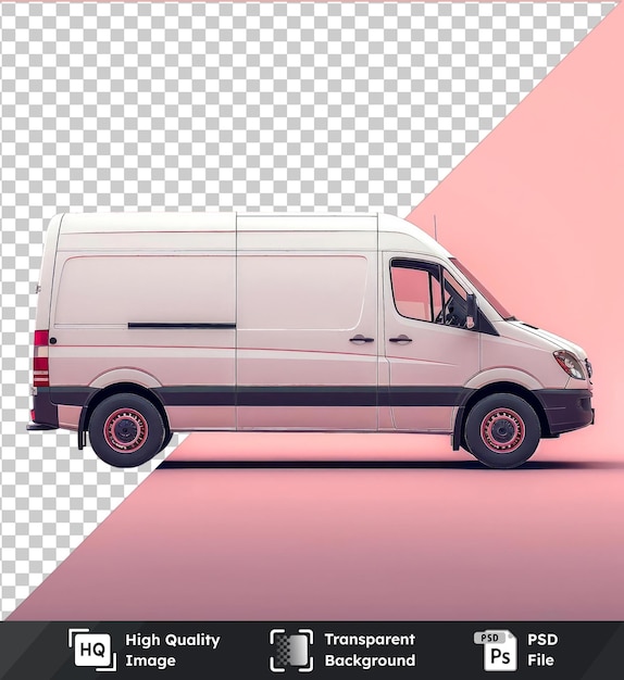 Premium-weißer lieferwagen-mockup gegen den rosa himmel mit schwarzen reifen, geschlossenen türen und fenstern