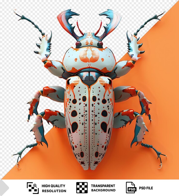 PSD premium de xoconostle un gran insecto se encuentra frente a una pared naranja mientras que un pájaro azul se encuentra cerca y un pez naranja nada en el fondo png psd