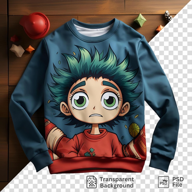 PSD prenda sombría con ojos verdes y cabello azul en una mesa de madera
