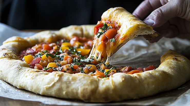 PSD prendendo a mano una fetta di deliziosa pizza al formaggio con pomodori arrostiti e peperoni
