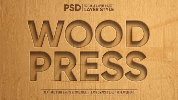 Prensa de madera tallada realista 3D Efecto de texto de objeto inteligente editable
