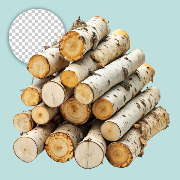 PSD preparación de biocombustibles renovables temporada de calefacción de invierno pared de troncos de madera apilados sobre un fondo transparente