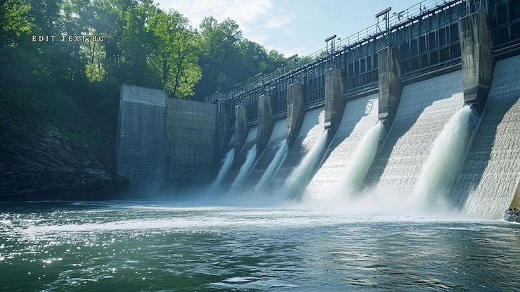 PSD la presa hidroeléctrica libera agua creando poderosas cascadas en cascada