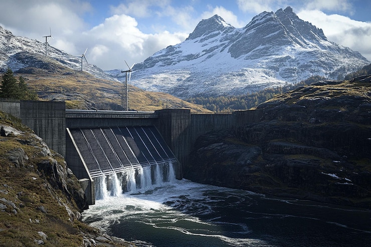 PSD presa hidroeléctrica en región montañosa con turbinas eólicas
