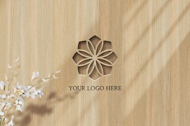 Presentación de maqueta de logotipo en papel y fondo de madera.