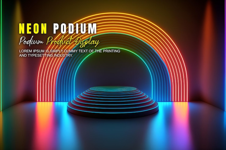 PSD presentación de productos de maqueta de exhibición en el escenario del podio futurista con escena de luz de neón dispaly de productos