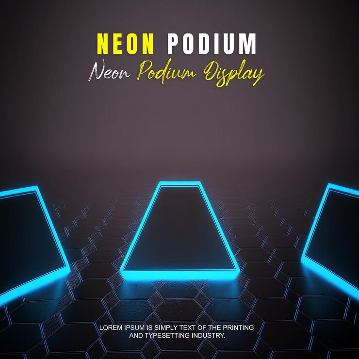 PSD presentación de productos de maqueta de exhibición en el escenario del podio futurista con escena de luz de neón dispaly de productos