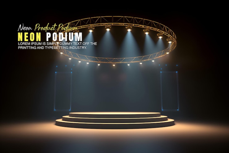 PSD presentación de productos de maqueta de exhibición en el escenario del podio futurista con escena de luz de neón dispaly de productos