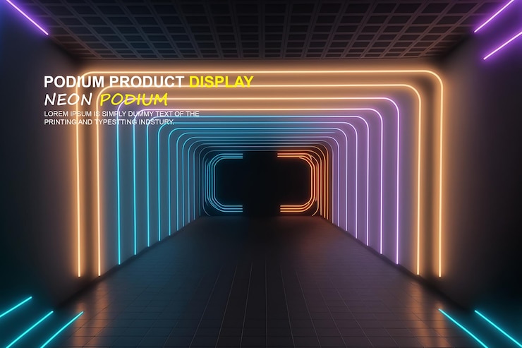 PSD presentación de productos de maqueta de exhibición en el escenario del podio futurista con escena de luz de neón dispaly de productos
