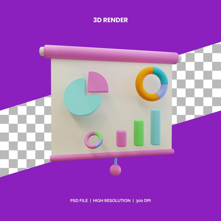 PSD presentación de renderizado 3d con gráfico circular y estadísticas