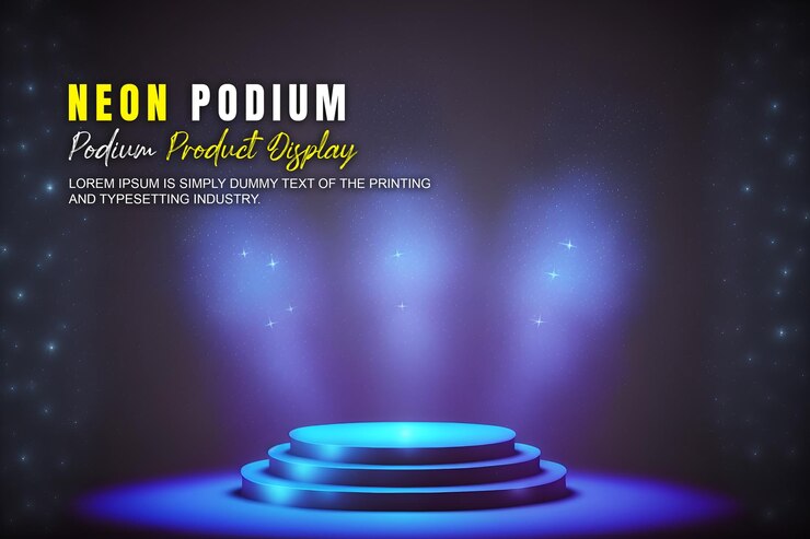PSD presentasi produk mockup panggung podium futuristik dengan tampilan produk suasana lampu neon