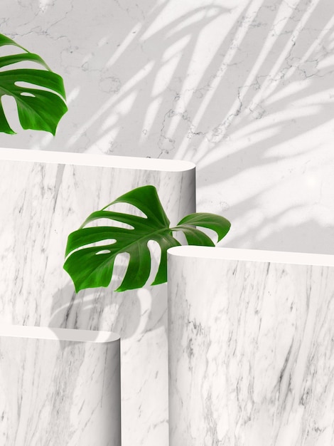 présentation du produit 3d fond en marbre psd avec podium en marbre et feuilles de monstera