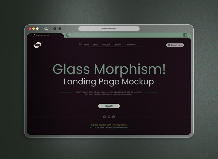PSD présentation gratuite d'une maquette d'interface de page d'atterrissage psd avec une fenêtre de navigateur à morphisme de verre d'interface utilisateur moderne
