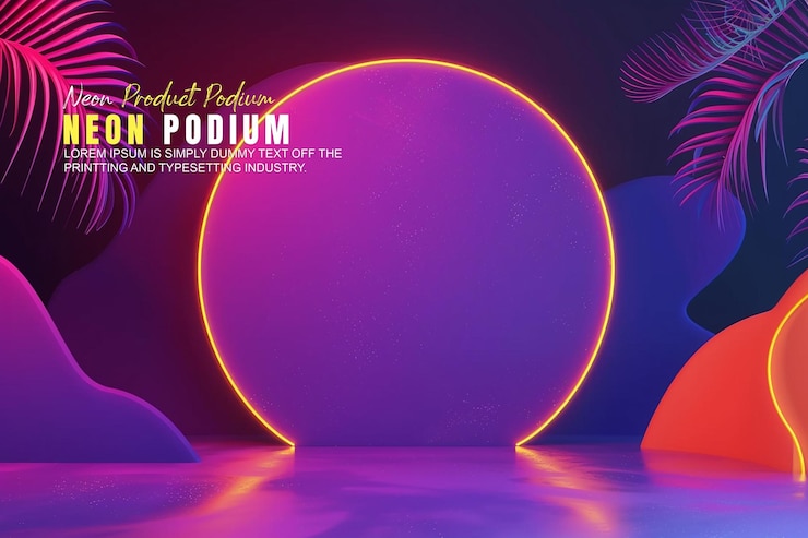PSD présentation d'une maquette de produit sur le podium de la scène au néon avec une présentation de produit de la scène à la lumière au néon