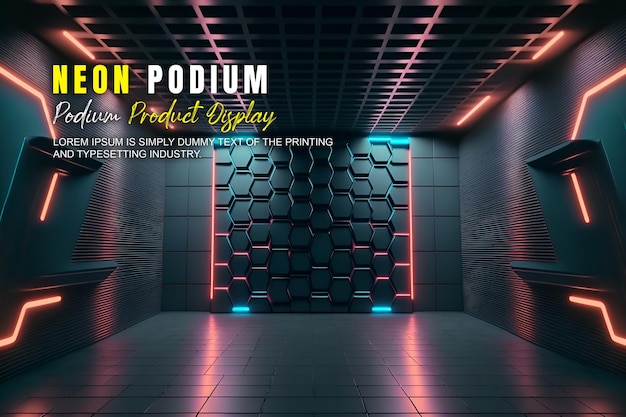 présentation d'un modèle de produit sur une scène de podium futuriste avec une scène de lumière au néon