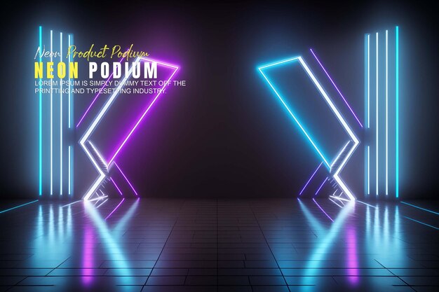présentation d'un modèle de produit sur une scène de podium futuriste avec une scène de lumière au néon