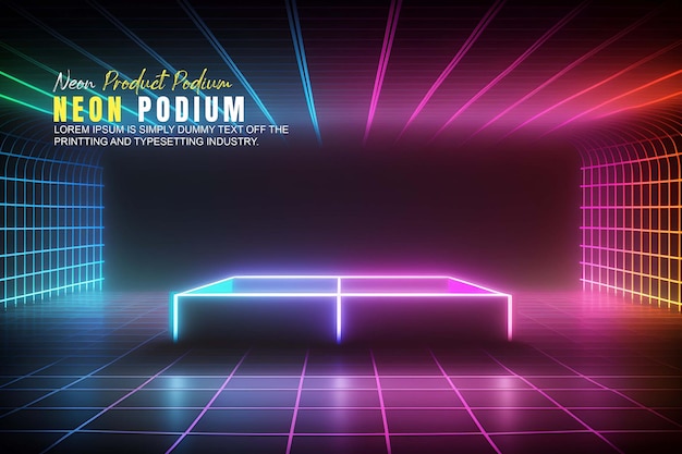 presentazione di un modello di prodotto su un palco futuristico con scena di luce al neon