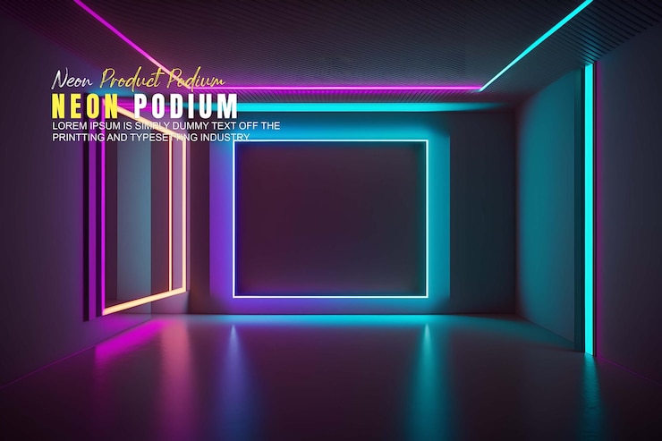 PSD presentazione di un modello di prodotto su un palco futuristico con scena di luce al neon