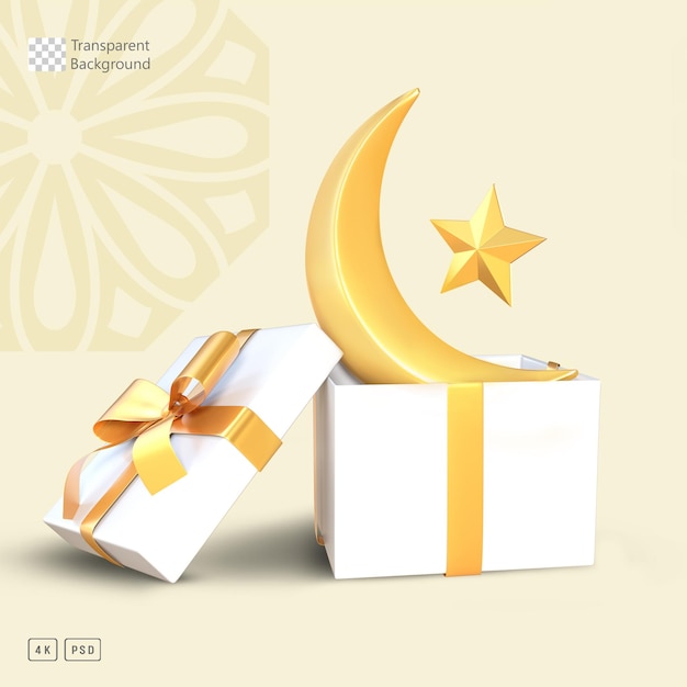 Presente aberto de renderização 3D com lua dourada e estrela Ramadan Kareem