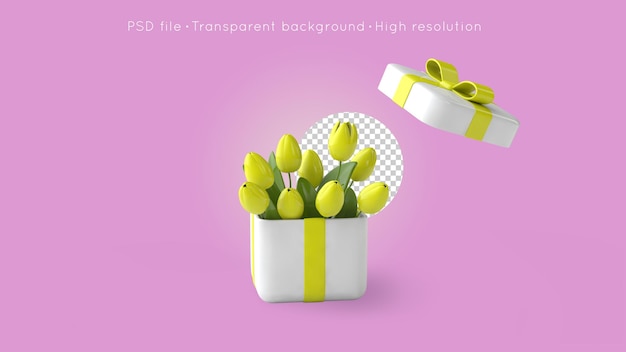 Presente caja con lazo amarillo y tulipanes sobre un fondo transparente. renderizado 3d