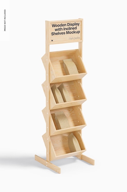 Présentoir en bois avec maquette d'étagères inclinées, perspective