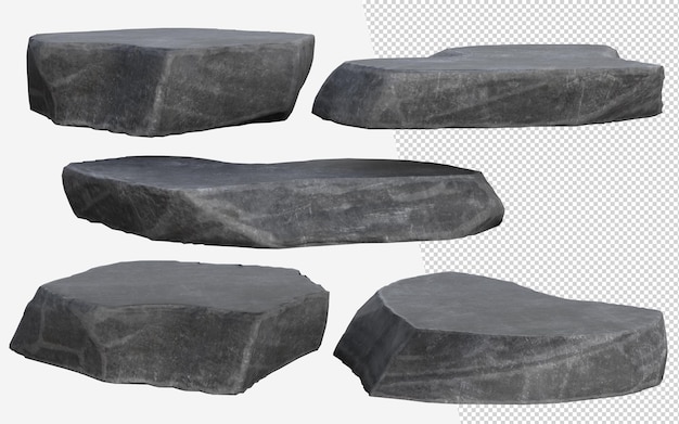 PSD présentoir de podium en pierre noire 3d socle d'étape de roche grise rugueuse naturelle concept support de pierre brute publicité affichage produit toile de fond montagne